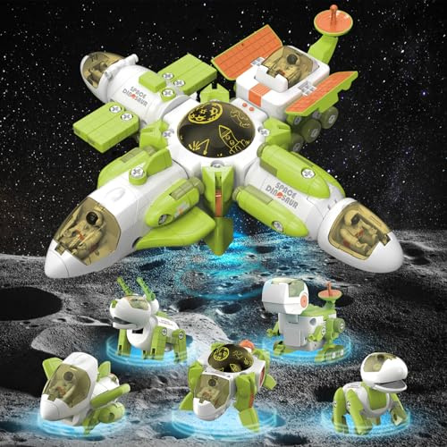 Baeroly Ensemble de Jouets Transformables Dinosaures Spatiaux 5-en-1 - Station Spatiale à Démonter se Transformant en 5 Dinosaures ou 5 Vaisseaux Spatiaux pour Garçons et Filles