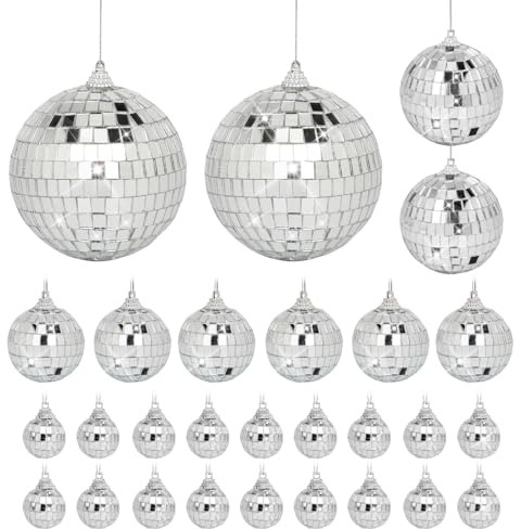 28 Pack Mini Mirror Disco Ball Set: Silver Hanging Disco Balls Decor | Small Mirror Ball Ornaments for Party Decorations Christmas Tree Birthday Wedding (1.2/1.6/2/2.4 Inch)
