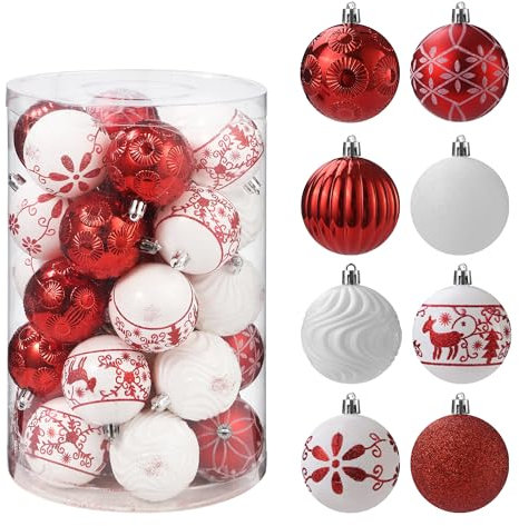 34 Stück Weihnachtskugeln,Christbaumkugeln Kunststoff Christbaumschmuck,Weihnachtsbaumschmuck Mit Schlüsselband,Rentier Gemaltes Set Balldekoration (Rot und Weiß)