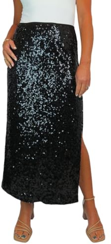 Paulo Due Women's Maxi Sequin Skirt with Side Leg Split Black (12-14) M