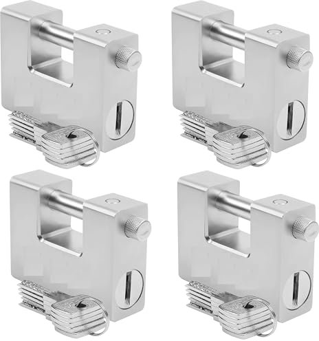 AntDau71® - 4 x Candado blindado antirrobo de 1 kg con 5 llaves - Acero macizo templado - Grillete de 12 mm de grosor - Cerrojo para moto, persiana, puerta, seguridad garaje. Longitud 94 mm