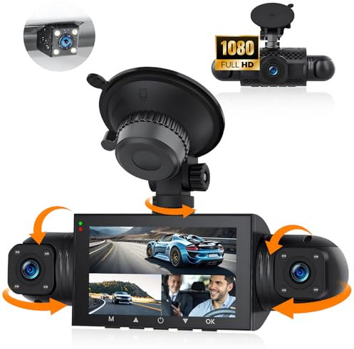 CAMECHO 4 Canaux Dashcam Avant, Intérieure et Arrière Caméra Embarquée Voiture, 3 Pouces 1080P Dashcam avec Vision Nocturne IR, Capteur G, Aide au stationnement, Moniteur de stationnement 24H