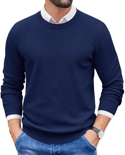 COOFANDY Men's Crew Neck Jumpers Business Sweater Lightweight Pullover Long Sleeve Casual Knitted Jumper Dark Blue L