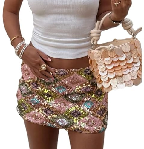 FEORJGP Womens Sparkly Sequins Mini Skirts Low Rise Shiny Glitter Short Skirts Clubwear Party Bodycon Skirt Summer Streetwear (Rose Red, S)