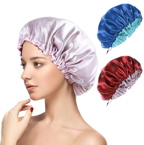 Silk Sleep Bonnet, 2 PCS Satin Hair Bonnet for Sleeping Shower Cap Satins Sleep Cap Double Layer Silk Bonnets Elastic Ajustable Bath Caps Waterproof Satin Bonnets for Sleeping Natural and Curly Hairs