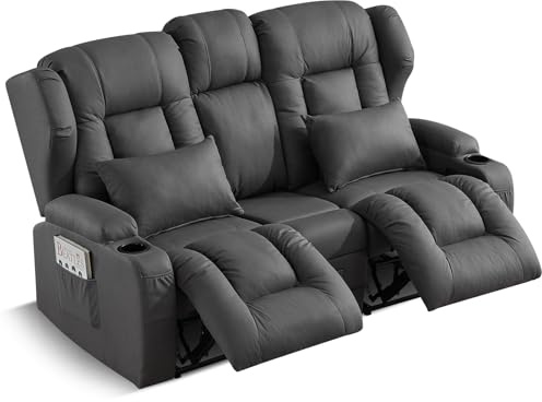SAMERY Relaxsessel mit Liegefunktion Fernsehsessel Manuell Verstellbar, Zweisitzer Sofa Kinosessel 2 Sitzer Sofa TV Sessel Heimkino mit Getränkehalter/Schublade/Buchse, Stoffbezug