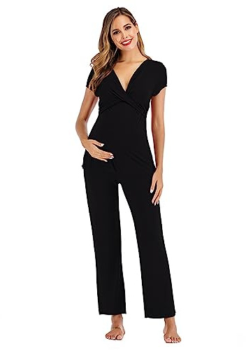 Celanisai Ensemble pyjama pour femme - Ensemble pyjama de grossesse - En modal - Manches courtes et pantalon de détente - Confortable et doux - En soie - Doux et confortable