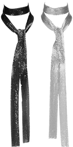sourcing map Sequins Scarf, Punk Metal Neck Tie Shiny Long Skinny Scarves Wide Sequin Necklace for Dress