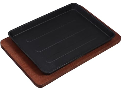 SUPVOX Piastra per Fajitas in Ghisa Pre-condizionata Quadrata 23,2x17,5 Cm con Base in Legno, Padella per Bistecche e Grigliate, Adatta per Cucina Teppanyaki, Barbecue e Preparazioni