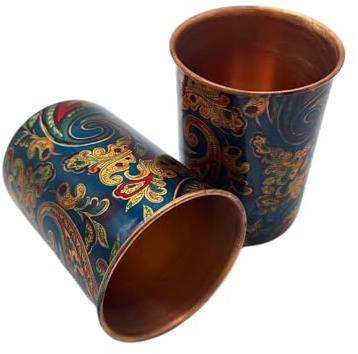 Set di 2 tazze in rame Ayurveda di alta qualità - 99,9% rame puro - 250 ml - Realizzate a mano in India - Tradizionali - (Meenakari Flower)