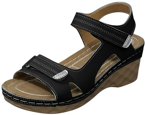 Sandali da donna con zeppa bianca casual scarpe aperte Hook & Loop Strape Calzature per vacanze estive spiaggia passeggiate, Nero , 39.5 EU