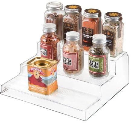iDesign Spice Rack with 3 Compartments, Small Display Cabinet Organiser Made of Durable Plastic, Compact Kitchen Storage Organiser for Jars, Cans and Spices, Clear, 8.9D x 22.2W x 25.4H centimetres