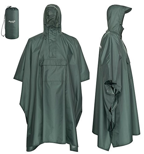 AWHA Regenponcho Damen und Herren wasserdicht und extra lang zum Wandern, Reiten, Fahrrad fahren - Outdoor Regenschutz wiederverwendbar mit Tasche, dunkelgrün, L/XL
