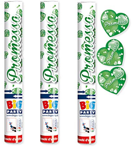 3X Cannone Tubo Sparacoriandoli Cuori Verde PROMESSA - coriandoli Ideali per promessa di Matrimonio, Feste o Party