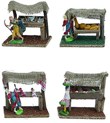 Set 4 pz Ambientazione Casolare Bancarella Presepe Mestieri banco del Mercato per Realizzare Presepi di Natale Napoletano Statuine Pastori in Resina Personaggi Figure Diverse 13 x 8 x h. 13 cm Negozi