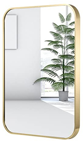 JENBELY 24x36 Inch Gold Bathroom Mirror, Brushed Gold Metal Framed Rectangular Mirror with Rounded Corner, Wall Mounted Vanity Mirror for Bedroom or Living Room, Horizontal/Vertical