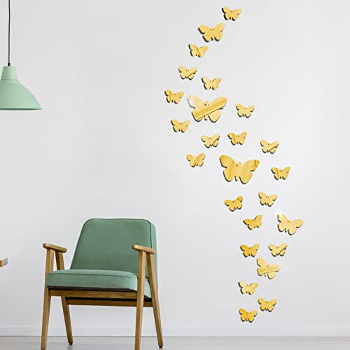 Adesivi Murali Farfalle 3D Specchio a Farfalla Tridimensionali Acrilico Rimovibile 25 Pezzi Fai Da Te Decorazione da Muro per Casa/Hotel/Salotto/Camera/Cucina (Oro)