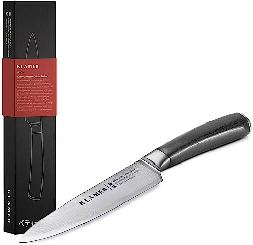 KLAMER Damast Allzweckmesser 13 cm – scharfes Küchenmesser aus 67 Lagen japanischem Damaszener Stahl (61 HRC), präziser 13 Grad Schnittwinkel, ergonomischer Pakkaholzgriff, Profi Kochmesser