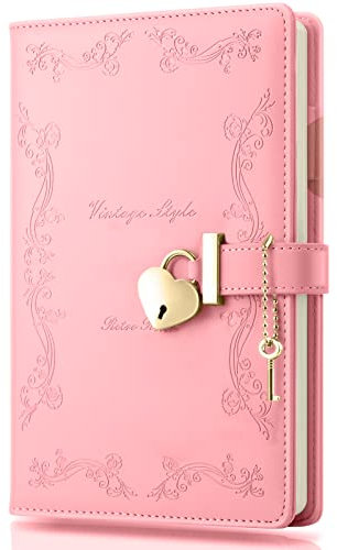 Mousbull Mädchen-Tagebuch mit Schloss und Schlüssel, niedliches herzförmiges Schloss-Tagebuch für Frauen, nachfüllbar, A5, Vintage, geheimes PU-Leder, Notizbuch, Geschenk für Teenager, Mädchen – Rosa
