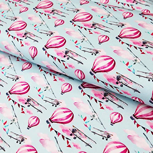 Baumwolljersey Flieger Heißluftballon Wolken in pink auf hellblau - Jersey Stoff - ab 25 cm Länge