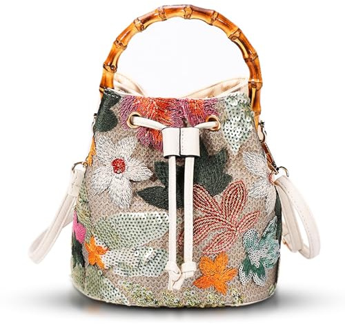 Crossbody Bags for Women, Beach Bag, Hand Embroidered Tot Bag, Natural Bamboo carry handle Bucket bag, Bohemian Handbags for Women Vacation Travel Daily Matching(Silver Flowers)