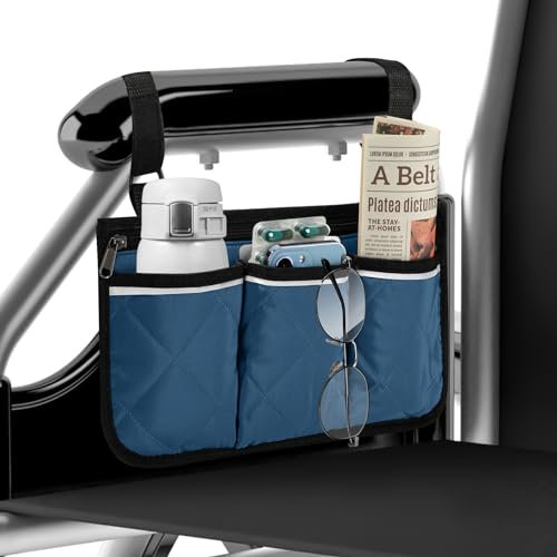 Borsa per Sedia a Rotelle con Tasche Borsa di Stoccaggio per Bracciolo per Sedia a Rotelle Impermeabile Borsa Laterale per bracciolo con Strisce Riflettenti Blu navy
