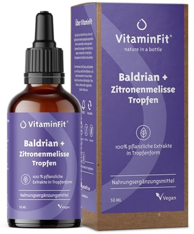 VitaminFit Baldrian und Melissen Tropfen Nahrungsergänzungsmittel - Beruhigt bei Stress und Ängsten - Besserer Schlaf - Flüssig - 100% Pflanzlich - Vegan - 50 ml