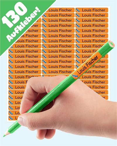 LabelTiger® Personalisierte Namensaufkleber für Kinder in der Schule - 130 Stück, Ideale Aufkleber für Stifte & Schulsachen, Selbstklebend & Wasserfest - Orange