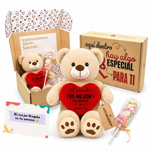 Peluchilandia Regalos Originales para Mujer y Amigas - Osito de Peluche con Mensaje Corazón en Caja Regalo - Detalle para Cumpleaños, Enamorados o Día de la Madre (BEIG)