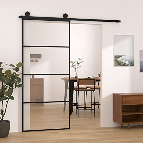 IKAYAA Puerta Corredera de Cristal con Set Herrajes Accesorio Herramienta Puerta Corredera de Aluminio y Vidrio 90 x 205 cm Puertas Interior Cristal para Sala de Estar Salón Habitación Negro