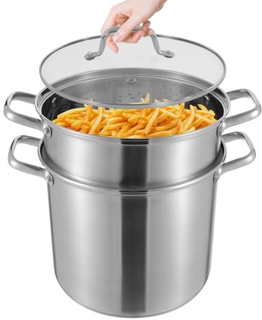 Olla de 8 L, olla grande con un inserto de vapor, olla para espaguetis con tapa de cristal, olla grande de acero inoxidable, olla doble, 36,5 x 36,5 cm