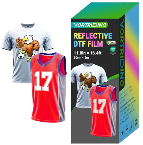 VORTRIDINO Película de transferencia reflectante DTF de 11.8 pulgadas x 16.4 pies, color sólido, efecto reflectante, película de transferencia DTF para ropa deportiva, color puro y colorido rollo de