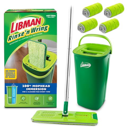 Libman Rinse 'n Wring Mop and Bucket System | Serpillère en Microfibre | Nettoyant pour sols en Bois Dur | Balai Humide et Sec | Chambres à Eau Propre et Sale | Lames électriques | 5 tampons en