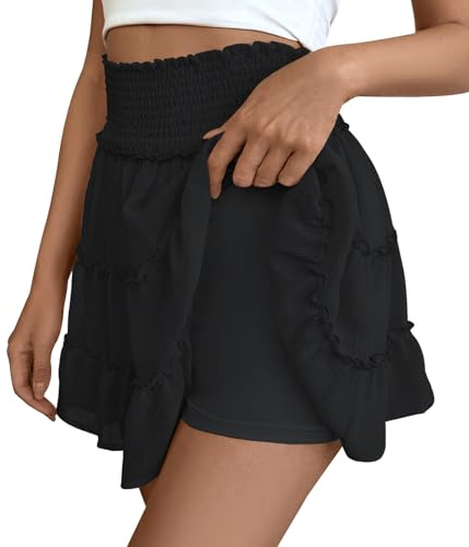 Adigaber Women’s Mini Skirt Solid Color High Waisted Skirt Ruffle Tulle Skirt with Shorts Black