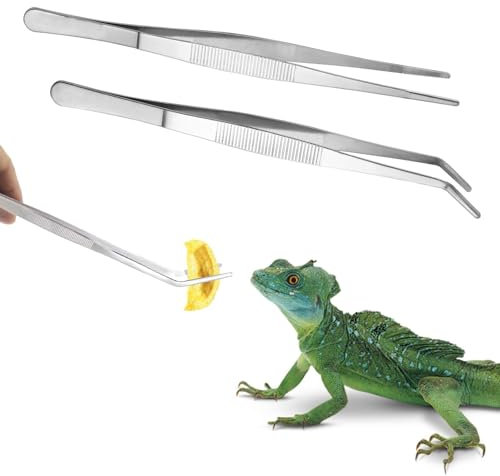 Fogcosy 2 Pieces Reptile Feeding Tongs, Stainless Steel Reptile Accessories, Geckos and Snakes Aquarium Straight and Curved Long Tweezer Terrarium Feeder Tool for Tank (Silver, 10.6 Inch)