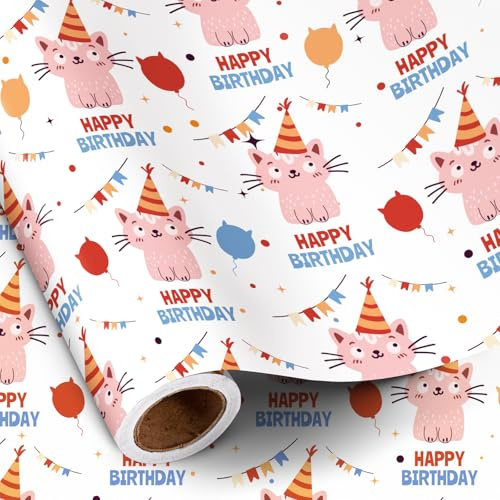 RUSPEPA Rotolo Di Carta Da Regalo Per Compleanno Gatti Per Bambine E Bambini, Simpatico Gattino Rosa Con Cappellino Da Festa Con Scritta Happy Birthday Per Bambini, Amanti Dei Gatti,43,2 Cm X 5 M