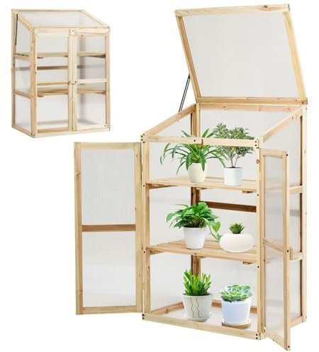 FANTASK 3 Etagen Frühbeet Holz, Hochbeet wetterfest, Gewächshaus mit 2 Türen & Deckel, Polycarbonat-Fenster, Pflanzenbeet Aufzuchtschrank Treibhaus, 60 x 45 x 100 cm, Natur