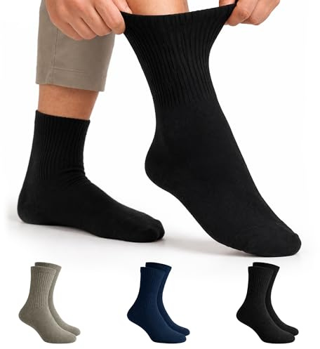 Gianci 3 or 6 Pairs Diabetic Socks for Men Cotton Rich – Non-Elastic Loose Top Socks for Swollen Feet and Ankles – Soft, Breathable -Seamless Toes – UK Size 7-11 (3 Pairs (Black,Blue,Grey))