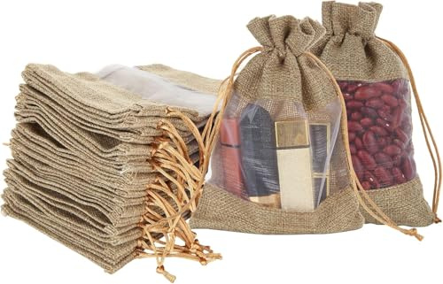 Oungy 30 Small Hessian Bags, 13x18cm Hessian Gift Bag with Window, Small Burlap Bags with Drawstring, Jute Gift Bag Jute Jewellery Pouches for Gift Favours