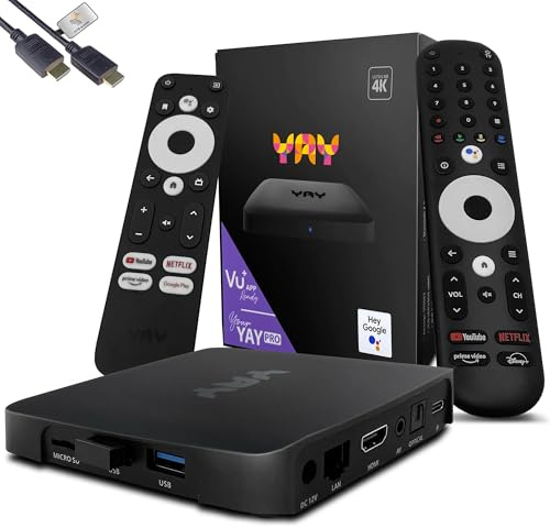 VU+ Yay GO PRO Android TV Box 4K UHD – Streaming Box Android TV 14 con Chromecast integrato, 2GB RAM, 8GB Flash, WiFi 1200 Mbit, Widevine L1, HDCP 2.3, USB 3.0, Bluetooth 4.2, cavo HDMI HTS e-com