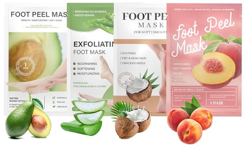 Mascarilla Exfoliante para Pies - Pack de 4 con Aguacate, Aloe Vera, Leche de Coco y Melocotón - Calcetines para Eliminar Callos y Piel Muerta - Tratamiento Hidratante para Pies Secos y Agrietados