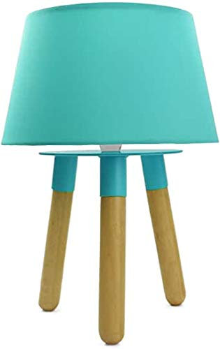 Nachttischlampe aus Massivholz/Metall mit Stoffschirm - Tischlampe Nachtlicht Tischleuchte Holz Schreibtischlampe E14 (Türkis-)