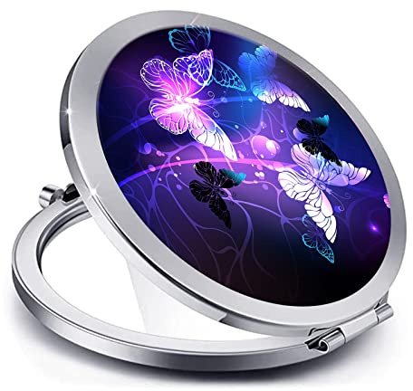 LONNAONE Compact Mirror for Women,Round Mini Pocket Travel Makeup Mirror,Pretty Portable Folding Small Pocket Mirror for Handbag,Purse,Double Sided Handheld Mirror(Silver Purple Butterfly)