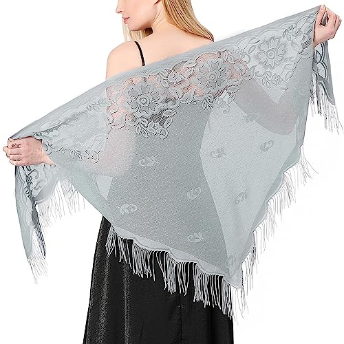 Ladiery Triangle Lace Shawls and Wraps with Tassels, Floral Sheer Evening