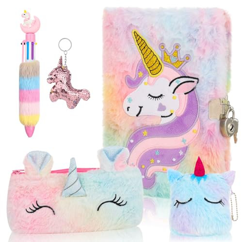 Opopark Plüsch Einhorn Notizbuch mit Schloss, Plüsch Geheimes Tagebuch, Einhorn Geldbörse, Einhorn Bleistiftbeutel, 6 Farbige Kugelschreiber als Geschenk für Mädchen, Jungen, Kinder [Toy]