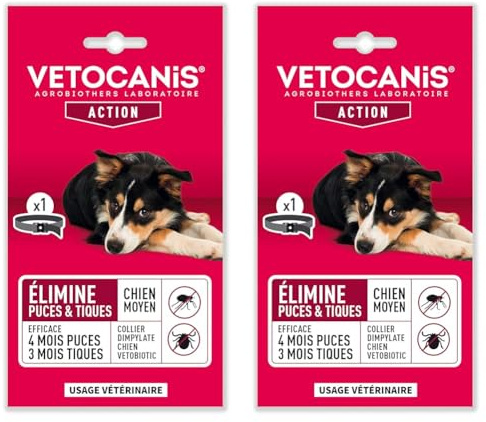 VETOCANIS Collier antiparasitaire, Efficacité Anti-puces 4 Mois et Anti-tiques 3 Mois au Dimpylate pour Chien Moten - Taille 10-20 kg (Lot de 2)