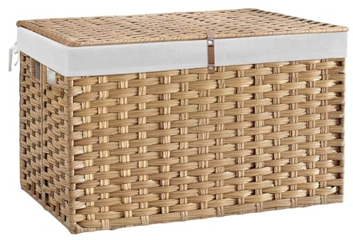 Cesta de mimbre de 180 litros con tapa, cesta grande de ratán tejida a mano con forro extraíble, cesta de mimbre de 47.6 galones para manta, baúl de almacenamiento con asa para armario, dormitorio,