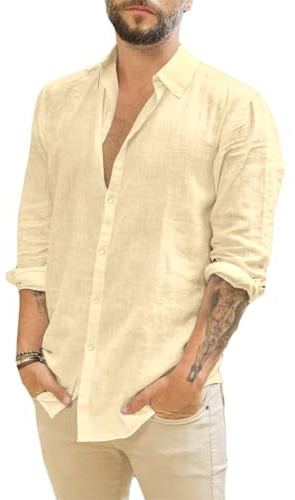 Runcati Camicia da Uomo a Maniche Lunghe in Lino con Colletto rovesciato, Camicia Casual da Lavoro, Camicia Estiva, Cachi, M