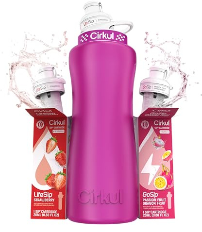 Cirkul 32oz. Hot Pink Stainless Steel Water Bottle Starter Kit with Pink Lid and 2 Flavor Cartridges (1 LifeSip Strawberry, 1 GoSip Passion Fruit Dragon Fruit) No Sugar, Zero Calorie Drink Mix