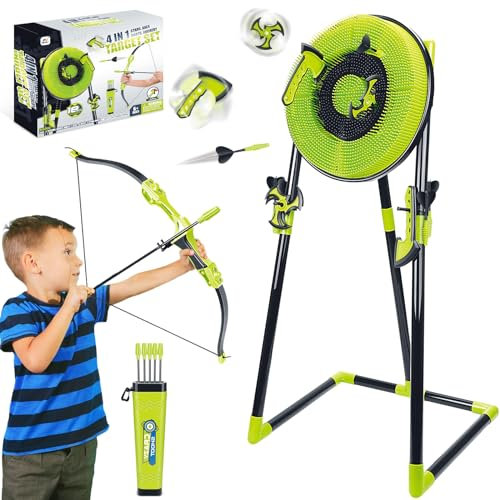 Mostop 4 in 1 Axt-Wurfscheiben-Set für Kinder und Erwachsene im Garten, mit Borsten-Zielscheibe, Bogen und 5 Pfeilen, 3 Wurfäxten, 3 Ninja-Sternen, 6 Darts, sicherer Kunststoff für drinnen und draußen